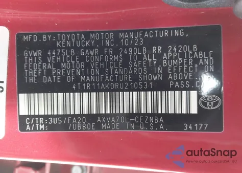 2024 Toyota Camry Le from USA, damaged, VIN 4T1R11AK0RU210531